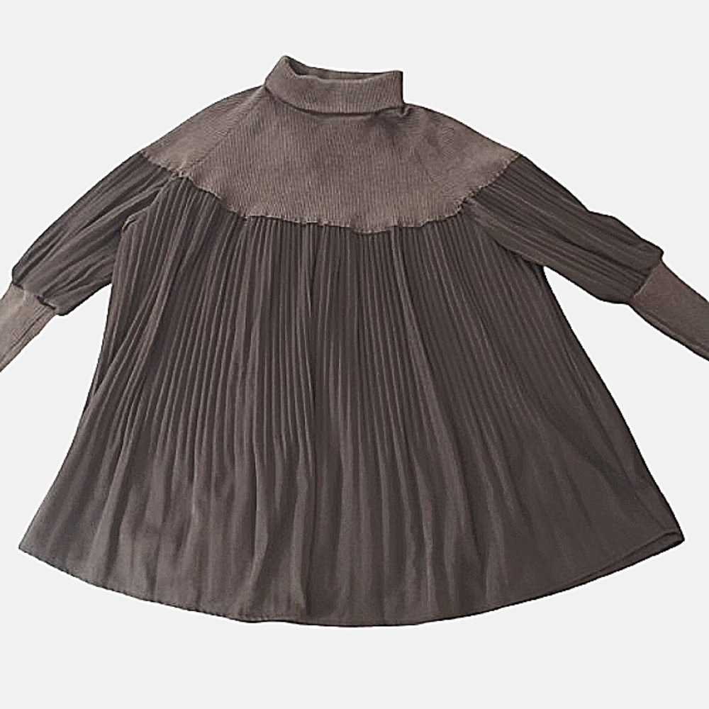 Brown Pleated Turtleneck Flowy Blouse Tunic Large